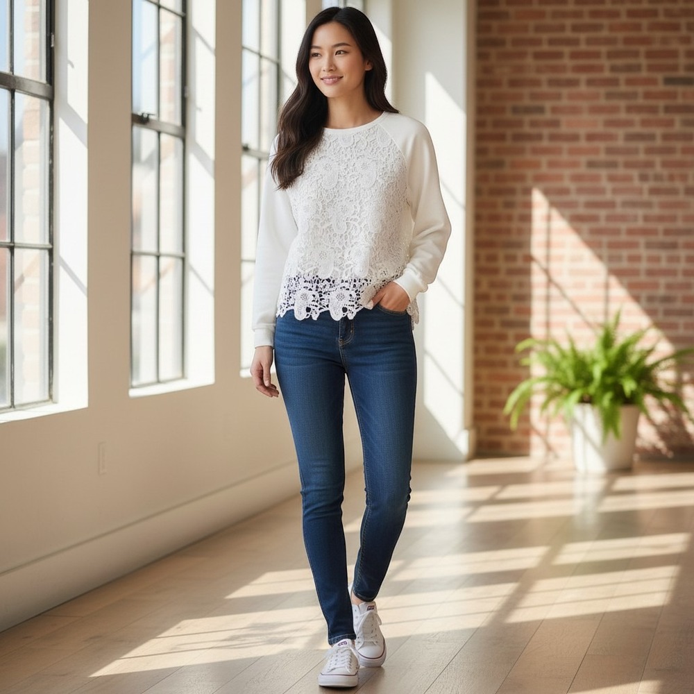 Adrianna Papell Sweatshirt Small White‎ Excellent Lace Overlay Raglan Fleece Top